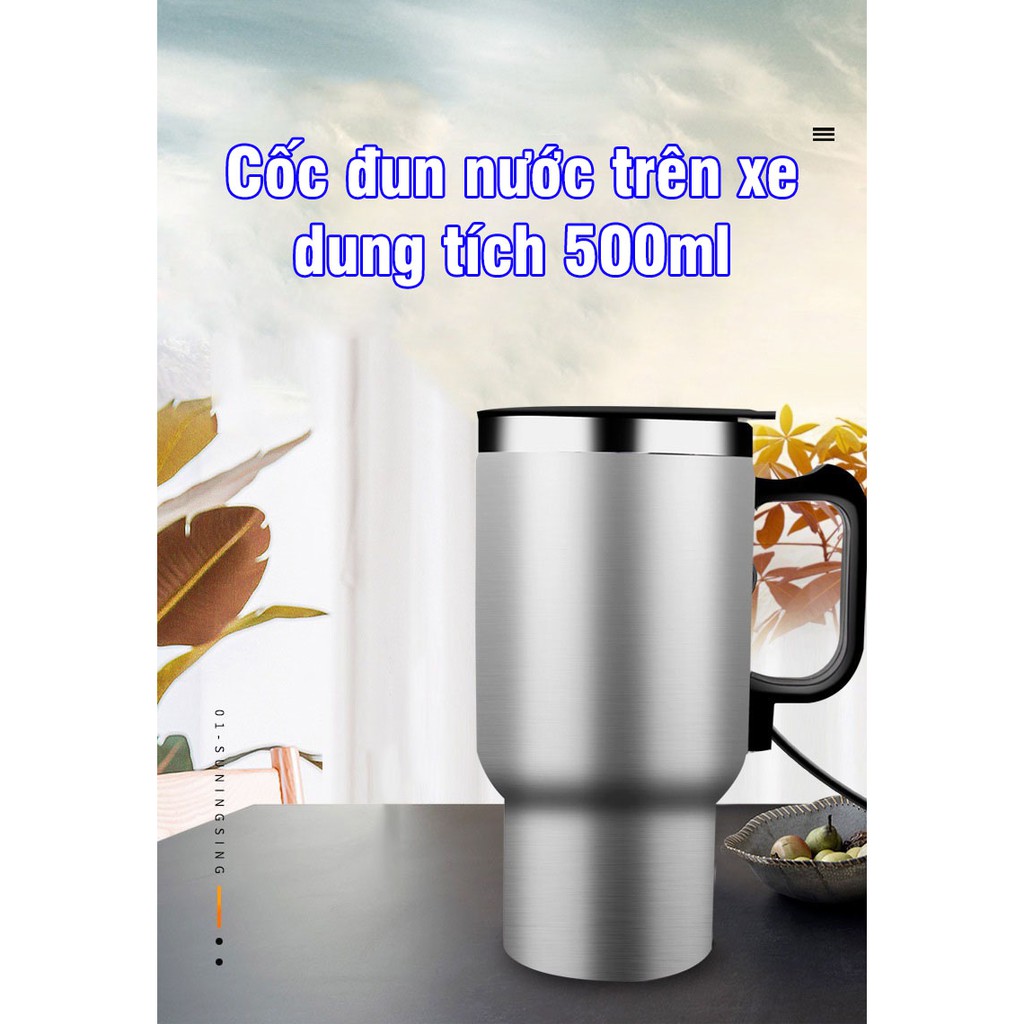 Cốc đun nước, bình giữ nhiệt trên ô tô bằng inox dung tích 500ml