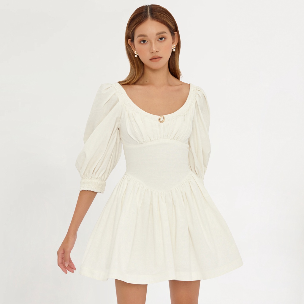 DEAR JOSÉ - Đầm xòe ngắn tay lửng phồng Sentosa vải linen trắng