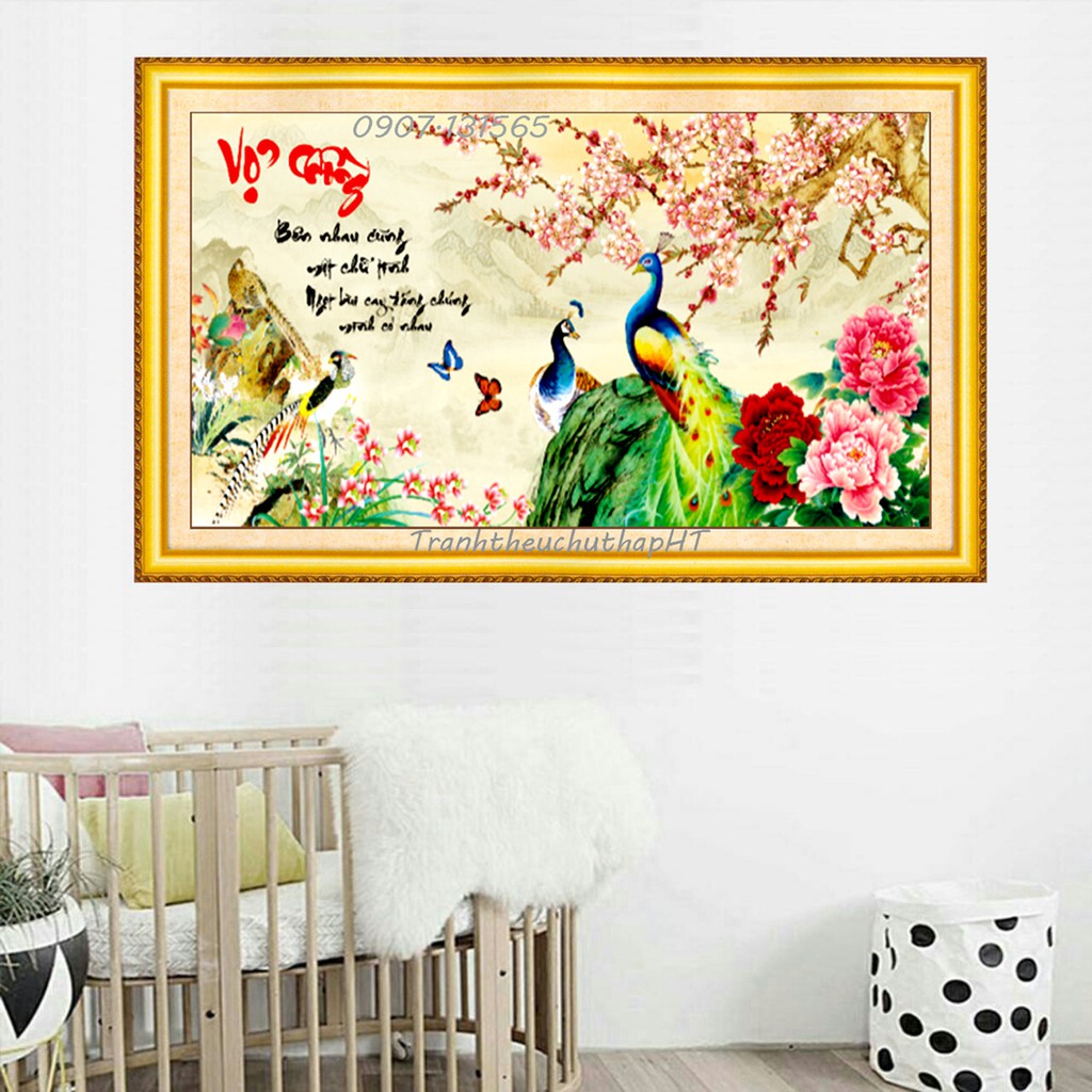 Tranh đính đá vợ chồng chim công LV168 - size: 100*50cm (tự làm)