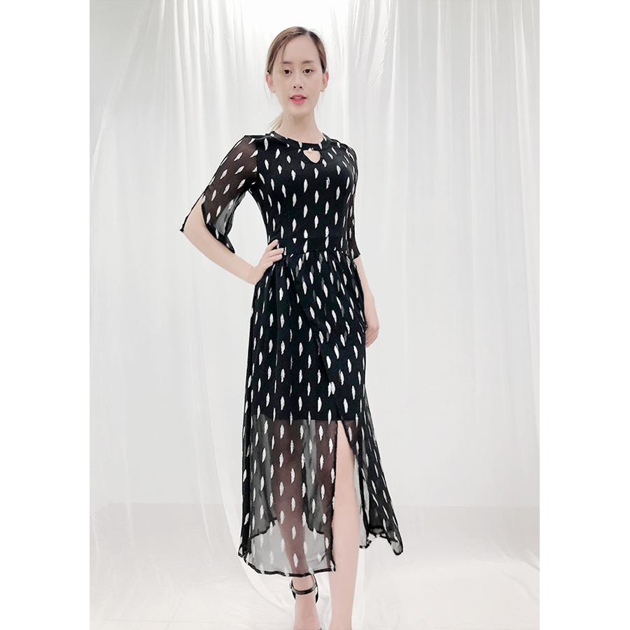 GOTI - Đầm Maxi Dạo Biển Kiểu Dáng Xòe In Nhũ Kim Tuyến Xẻ Tà 3042