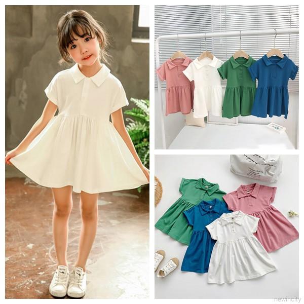 Đầm xòe tay ngắn cổ bẻ phối nút phong cách Hàn Quốc thời trang xinh xắn cho bé gái