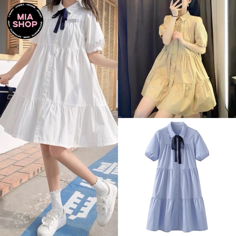 Váy baby doll MIA, Đầm baby doll tay ngắn, dáng xoè kèm nơ form rộng cổ sơ mi ulzzang Hàn Quốc xếp tầng dễ thương