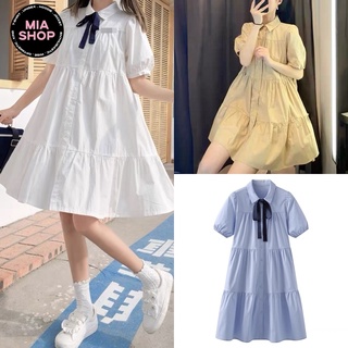Váy baby doll MIA, Đầm baby doll tay ngắn, dáng xoè kèm nơ form rộng cổ sơ mi ulzzang Hàn Quốc xếp tầng dễ thương