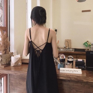 Đầm dây đen form rộng kèm mút