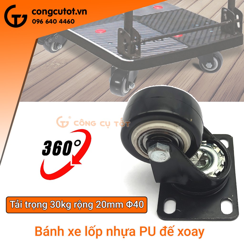 Bánh xe đẩy mặt đế xoay càng sắt tải trọng 30kg lốp nhựa PU đen rộng 20mm Φ40mm