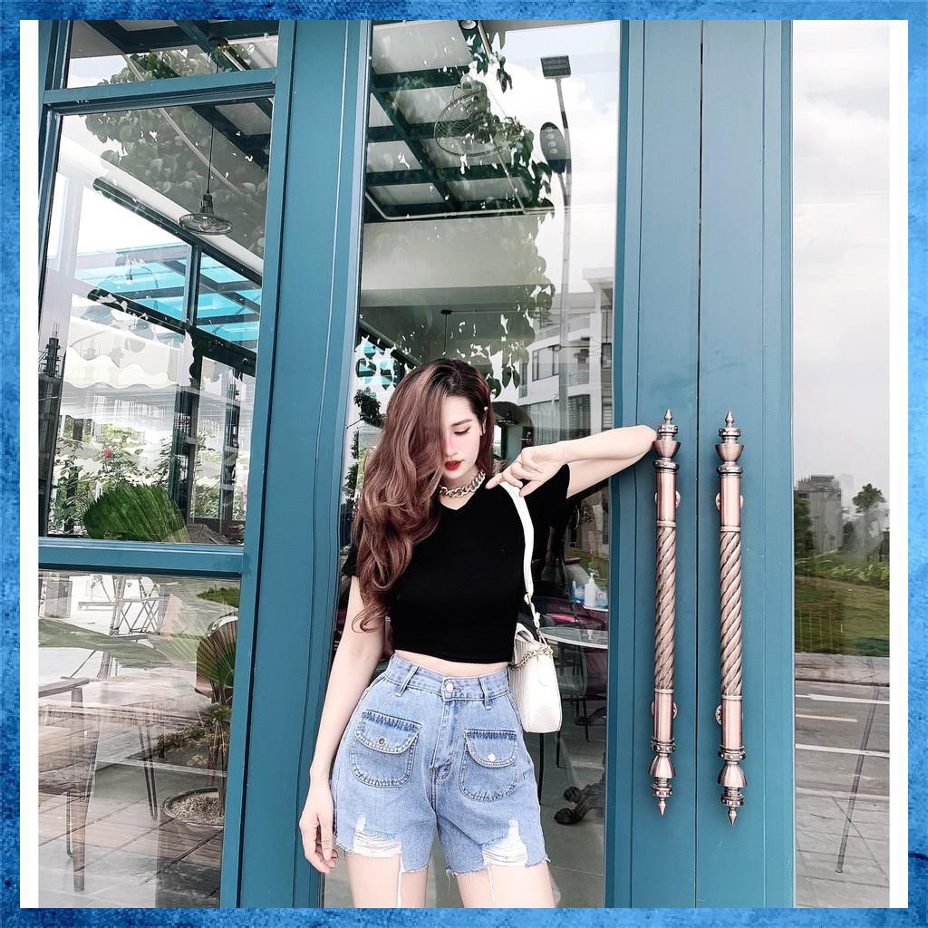 [Jeans nữ thiết kế] Quần sooc bò rách, quần shorts jeans lưng cao, túi nắp 1 khuy. Mã S7095 | BigBuy360 - bigbuy360.vn