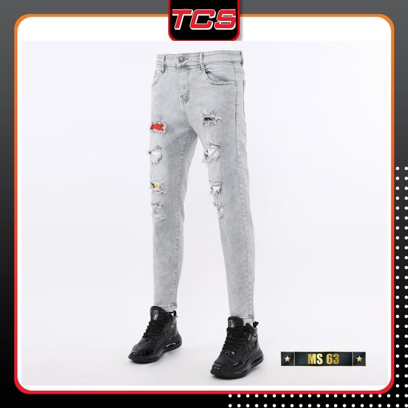 Quần jean nam rách màu xám rách ôm lưng cao đẹp phong cách TCS 63