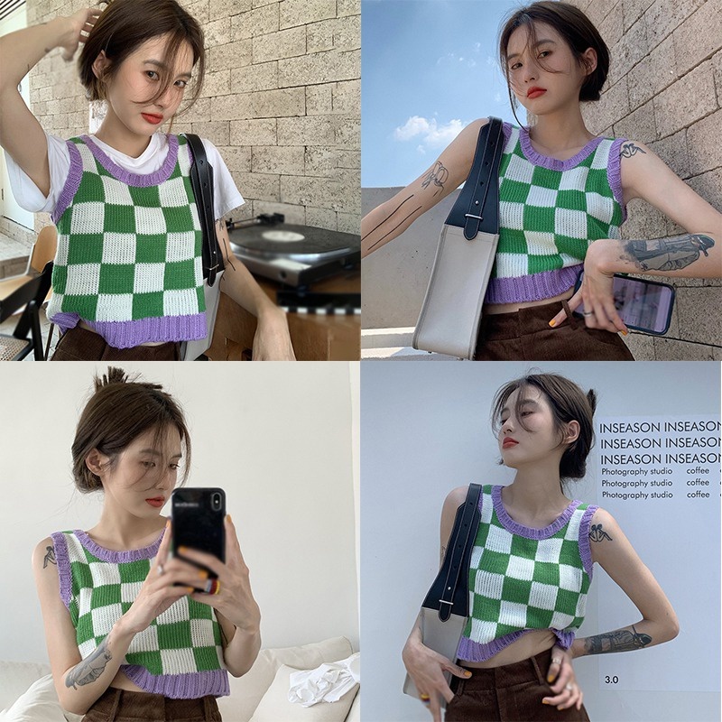 Áo Croptop Dệt Kim Không Tay Dáng Rộng Màu Sắc Thời Trang Cho Nữ