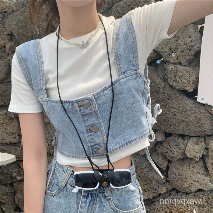 Thời Trang Phong Cách Phù Hợp Với Phụ Nữ Bên Trong Màu Trắng Tay NgắnTÁo Sơ Mi Và Mùa Hè Ngắn Denim Vest Dây Đeo Hai Mản