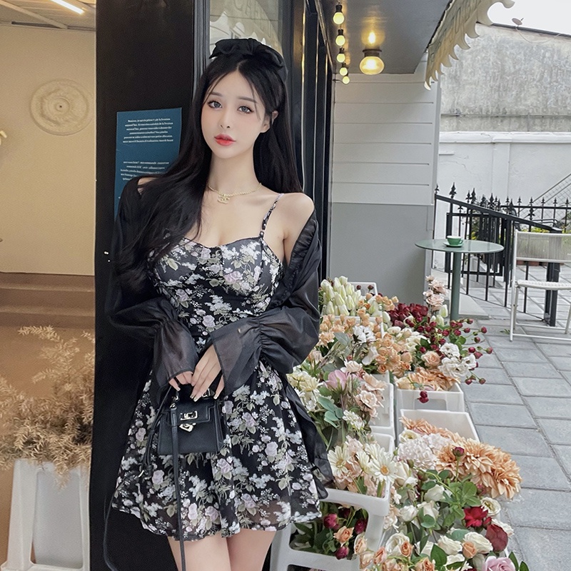 Set đầm hai dây họa tiết hoa và áo khoác cardigan PERTY chống nắng phong cách thời trang Hàn Quốc