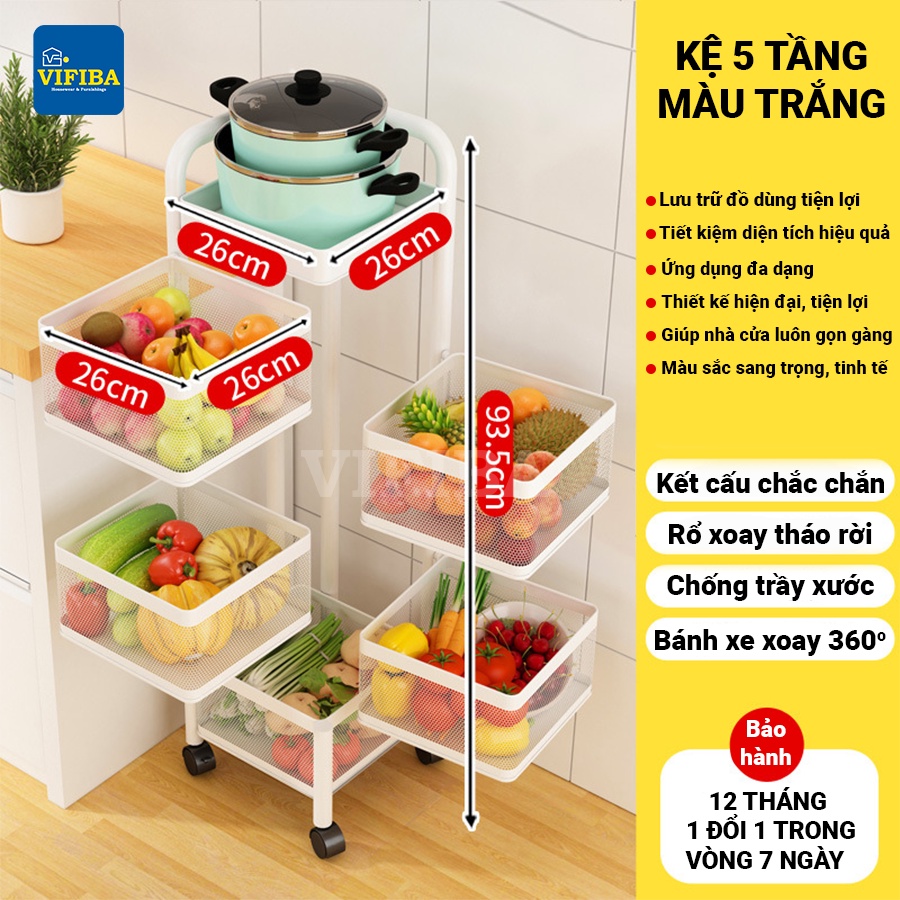 Kệ xoay nhà bếp VIFIBA Loại vuông 5 tầng 26x26x95cm Sơn tĩnh điện Thép carbon không gỉ Màu trắng