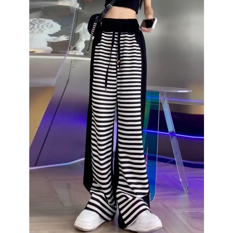 Jiashucheng Quần Ống Rộng Lưng Cao Dáng Suông Cỡ Lớn Kẻ Sọc Màu Tương Phản Phong Cách Mới Cho Nữ