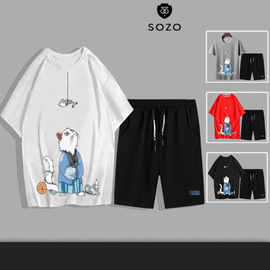 Set Bộ 2 Món Quần Shorts + Áo Thun Nam Chất Vải Thun CB2_MAT164TH_MSH002THDEF6 (Mèo Sư Phụ + Trơn Logo Xanh)