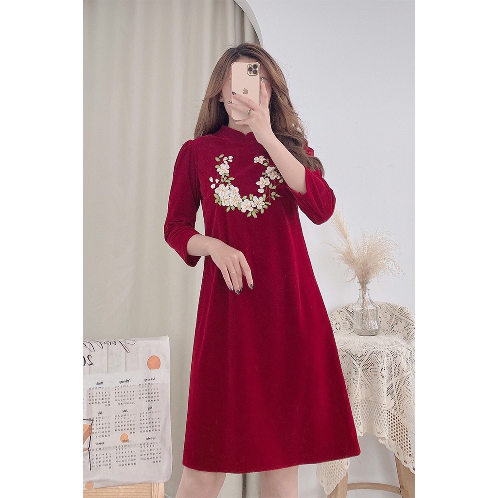 Váy Nhung Đỏ Thêu Hoa, Váy Thiết Kế, Đầm Dự Tiệc, Dáng Suông A | BigBuy360 - bigbuy360.vn