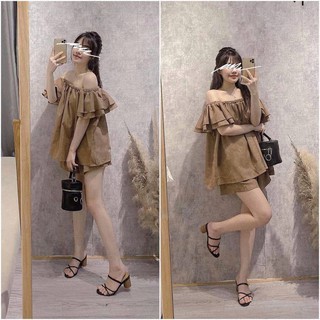Set bộ trễ vai bánh bèo tiểu thư sb61 nâu chanreen set trễ tôn dáng siêu xinh xắn cho các nàng