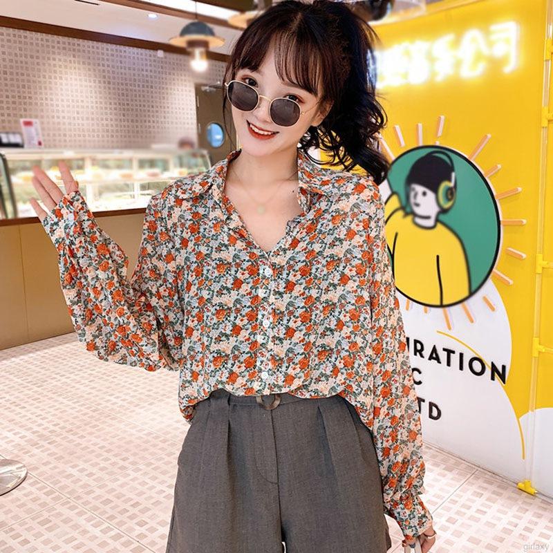 Áo Sơ Mi Tay Dài Form Rộng Họa Tiết Hoa Phong Cách Retro Dịu Dàng Hàn Quốc