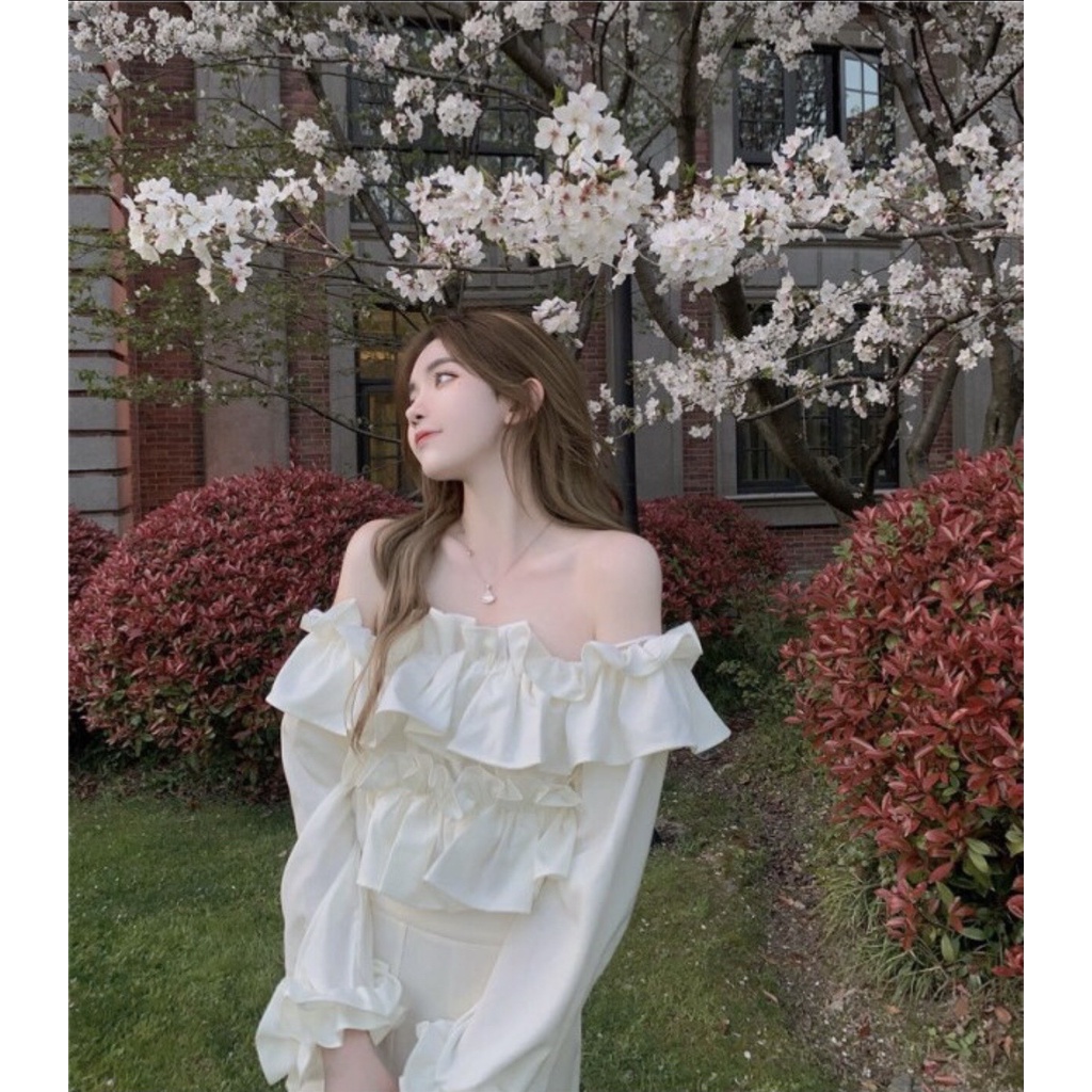 [Ảnh thật/Sẵn] Áo croptop trễ vai viền bèo dài tay ulzzang