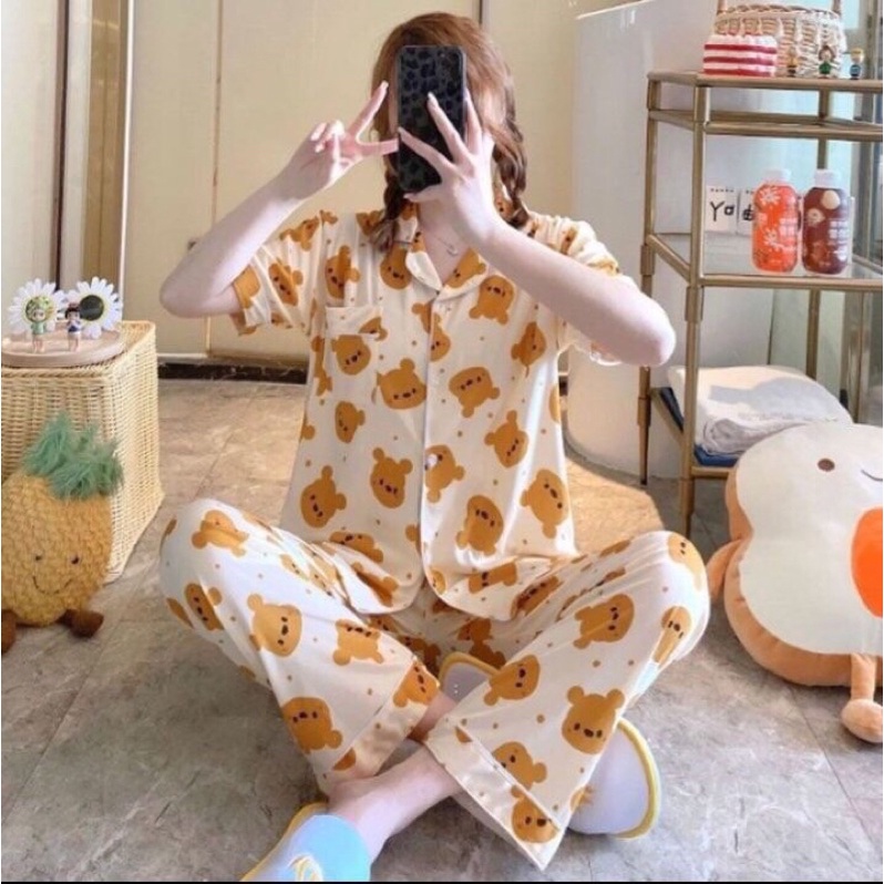 Set bộ ngủ pijama lụa kate tay ngắn quần dài hoạ tiết xinh xắn cho nữ