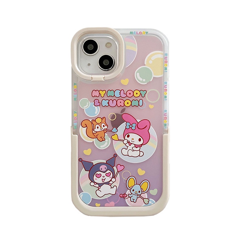 Ốp Điện Thoại Họa Tiết Kuromi and Melody Dễ Thương Chống Sốc Kèm Giá Đỡ Cho Iphone