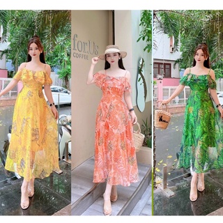 Đầm maxi voan trễ vai 2 lớp dáng dài váy maxi du lịch đi biển siêu xinh