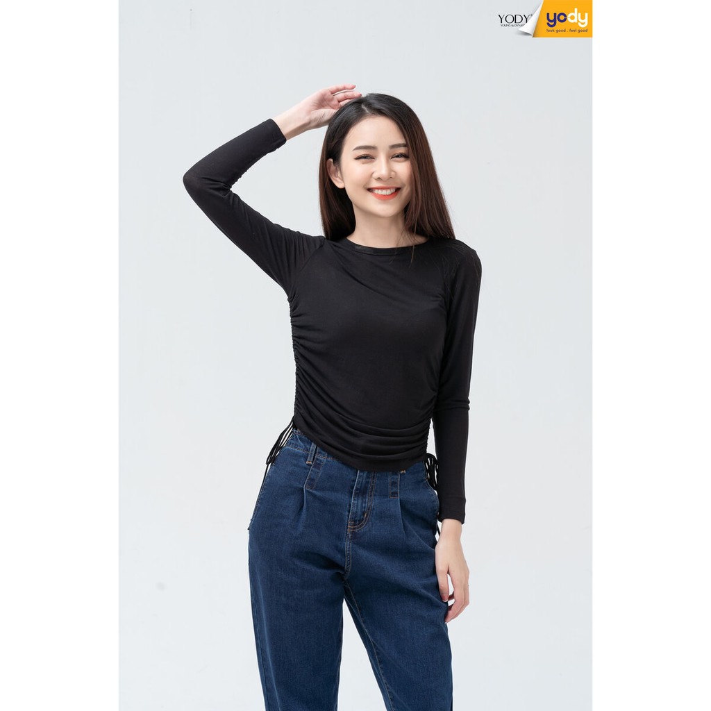 Áo thun nữ YODY dài tay cổ lệch rút sườn nịnh dáng ATN4340