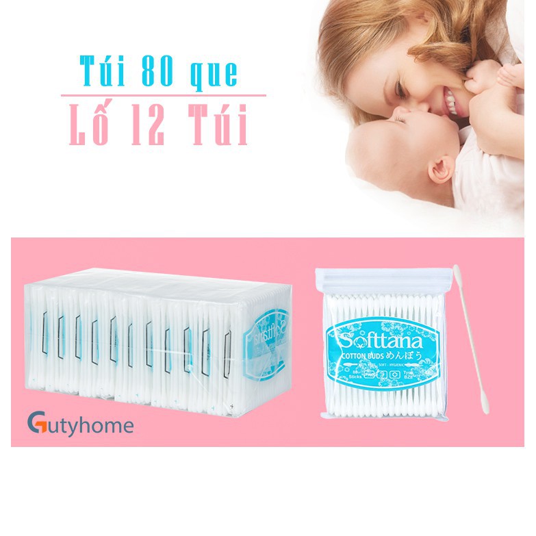 Bông vệ sinh tai mũi trẻ em Softtana BZ8 làm sạch các chất ẩm, chất bẩn bên trong tai, mũi - Lố 12 túi ( 80 que /túi )