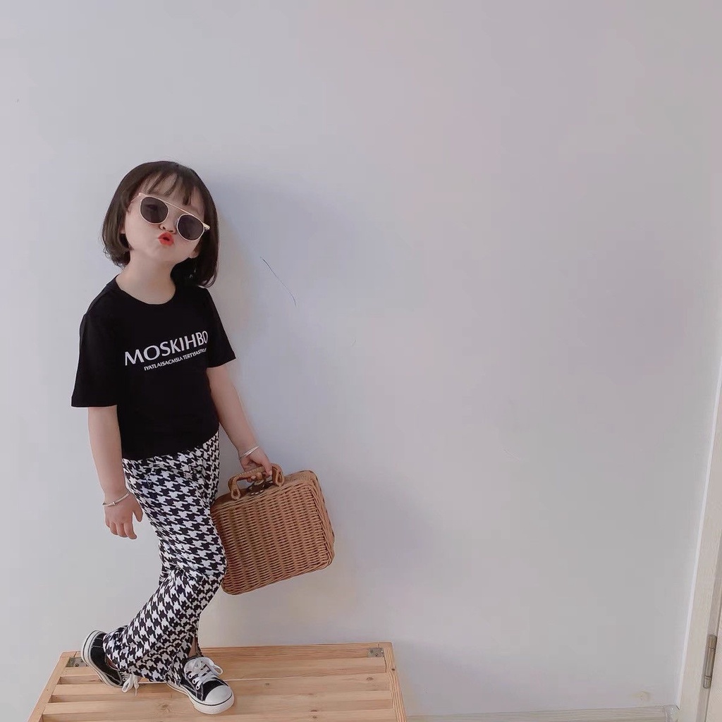 Set Áo Thun Ngắn Tay In Chữ + Quần Dài Lưng Cao Phong Cách Hàn Quốc Thời Trang Mùa Hè Cho Bé Gái