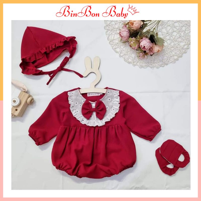 Body cho bé gái BINBON BABY Bodysuit đỏ mận cổ ren xinh xắn cho bé