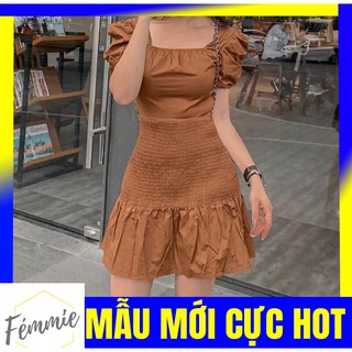 SALE SỐC ĐẦM HOTGIRL GIÁ RẺ_Đầm ôm eo dáng xòe cổ vuông tay ngắn phồng nhún thun eo_Thời trang hotgirl thiết kế cao cấp