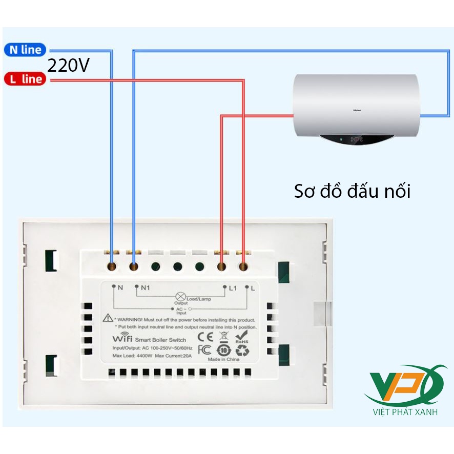 Công tắc bình nước nóng thông minh wifi Tuya 20A