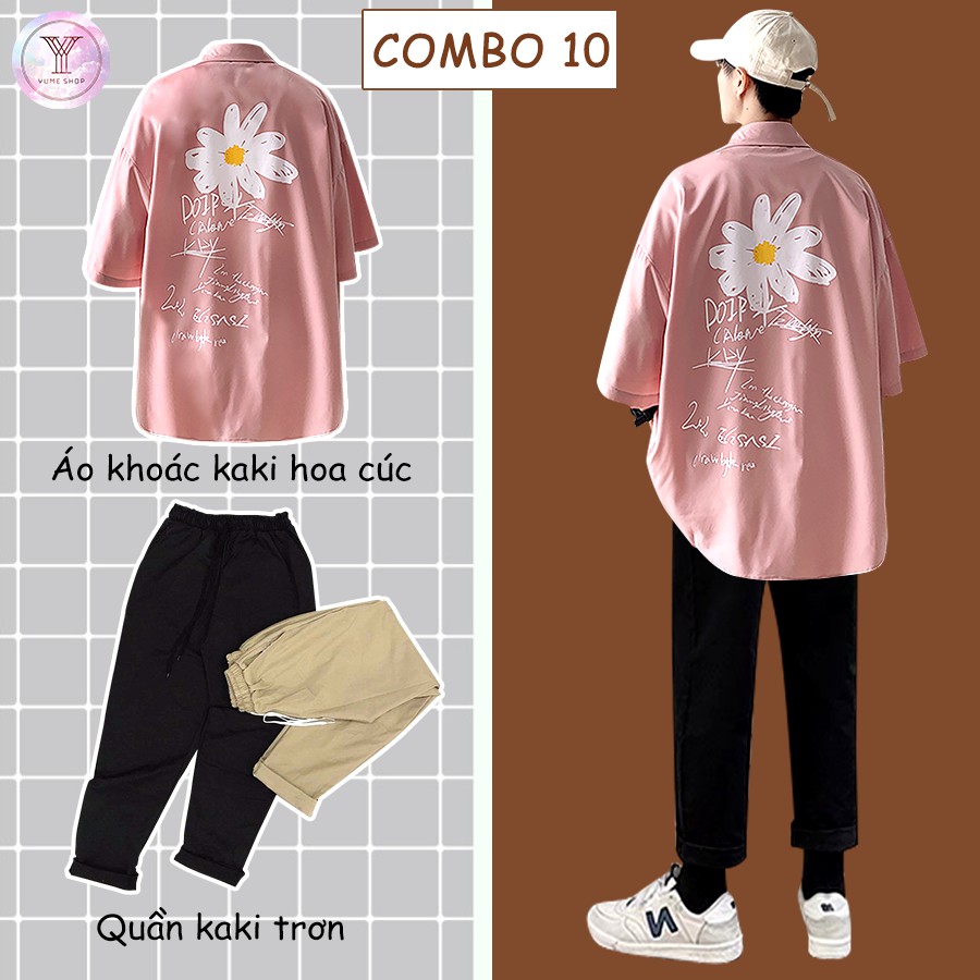 Combo áo sơ mi hoa cúc + quần kaki unisex Phong cách Hàn Quốc