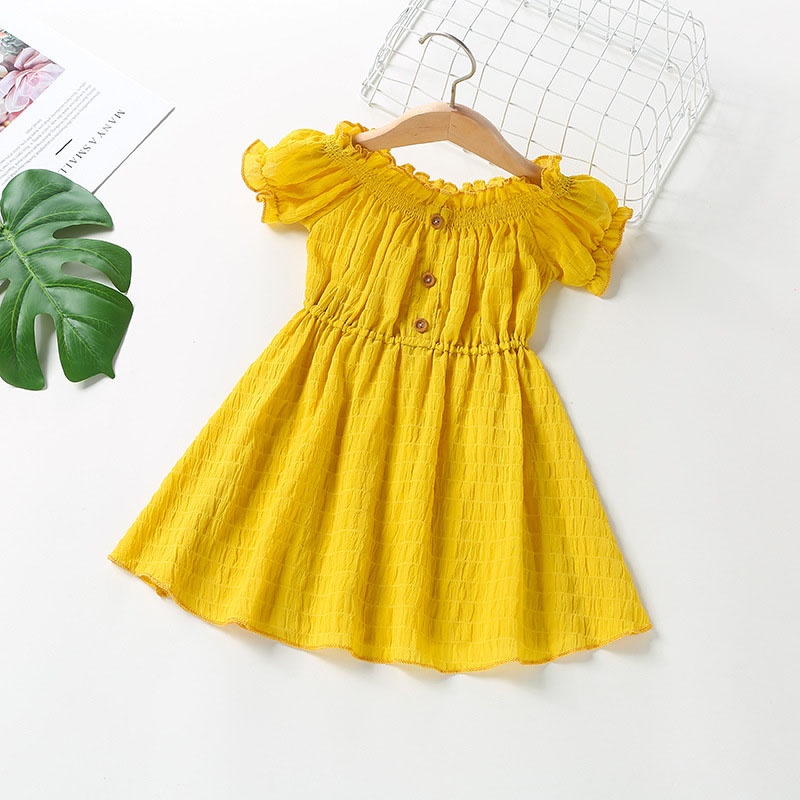Đầm chữ A BEAR LEADER AM0178 vải voan màu trơn hở vai phong cách Hàn Quốc thời trang hè cho bé gái 1-5 tuổi