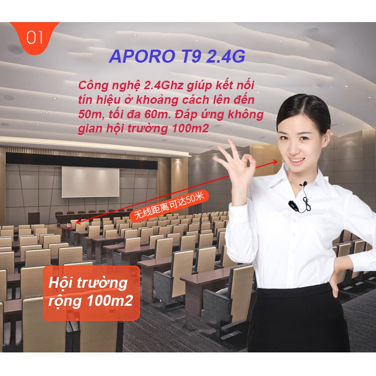 Máy trợ giảng aproro T9 2.4G phiên bẳn micro không dây cài áo tiện lợi