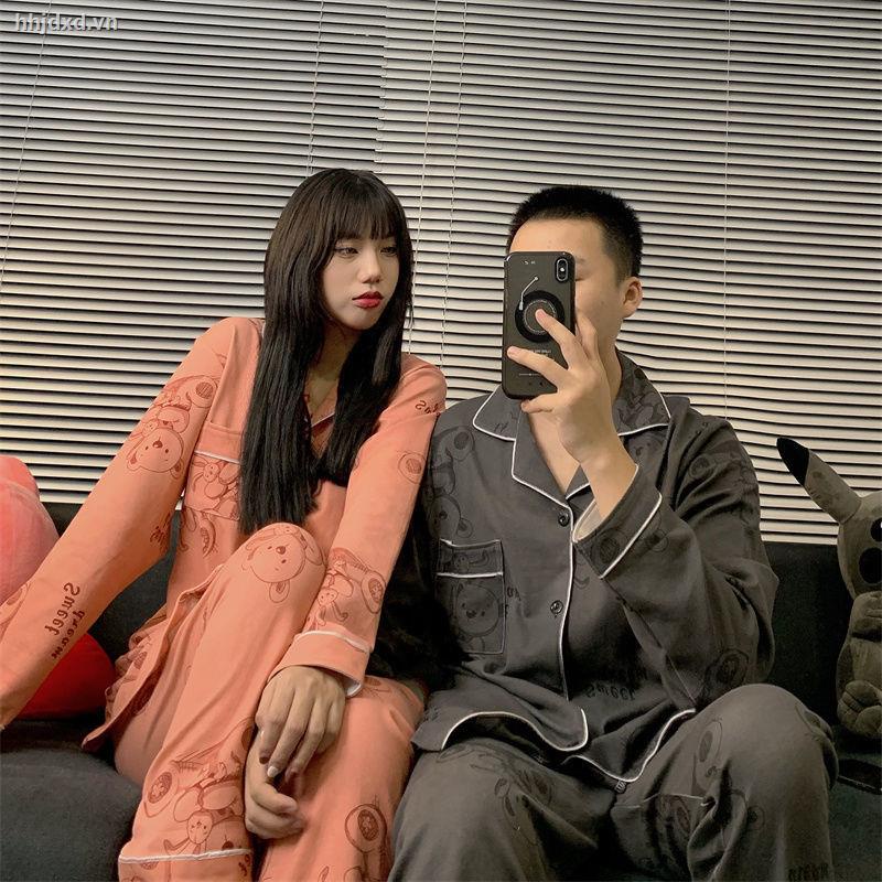 Bộ đồ ngủ tay dài in hình gấu dễ thương thời trang thu đông cho cặp đôi