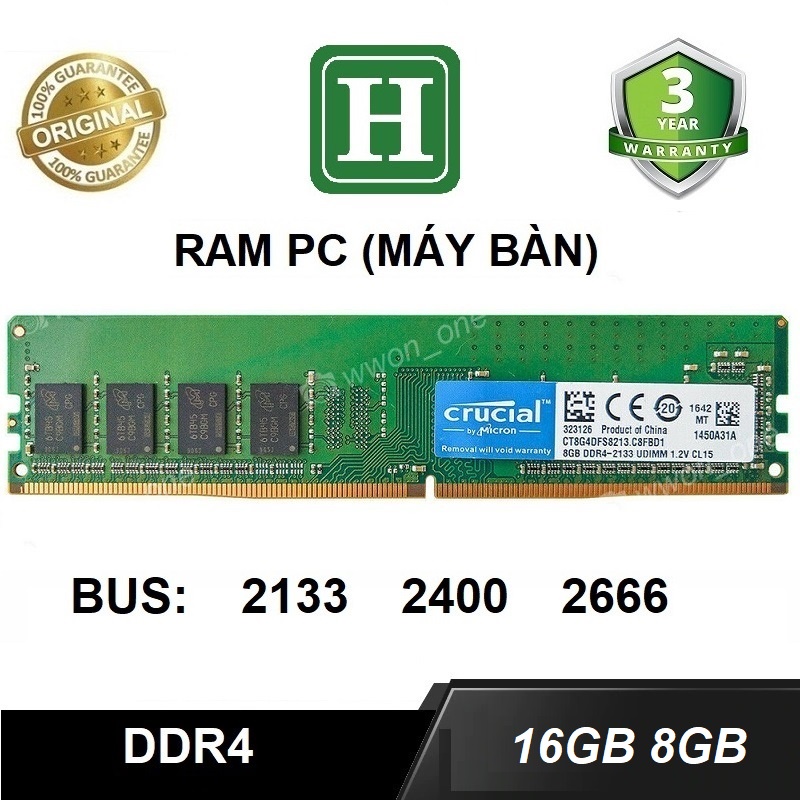 Ram PC DDR4 16GB, 8Gb bus 2133 hoặc 2400,... tháo máy chính hãng, bảo hành 3 năm