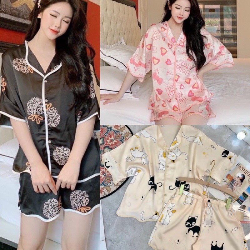 Đồ bộ lụa satin tay dơi quần đùi lượn sóng