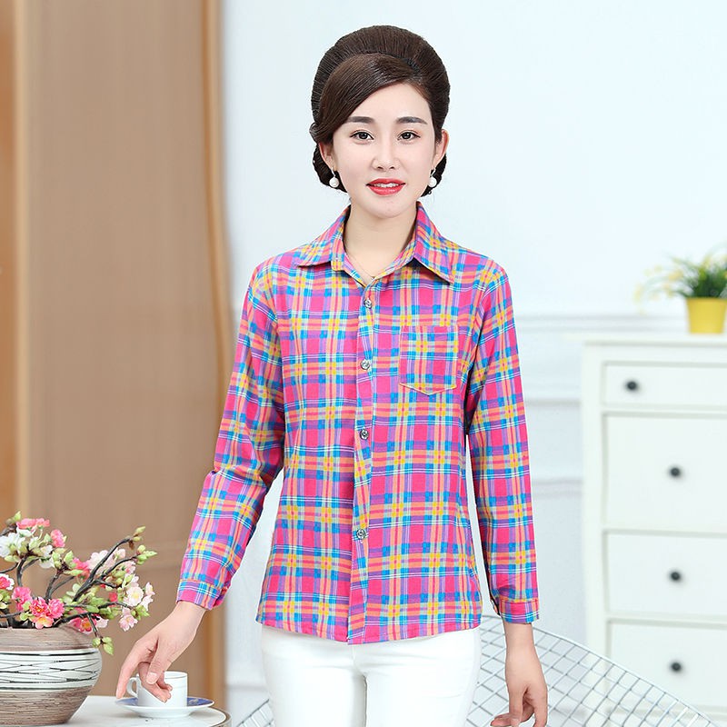 Mới Áo Sơ Mi Tay Dài Họa Tiết Kẻ Sọc Chất Liệu Polyester Cho Nữ 40-50 Tuổi