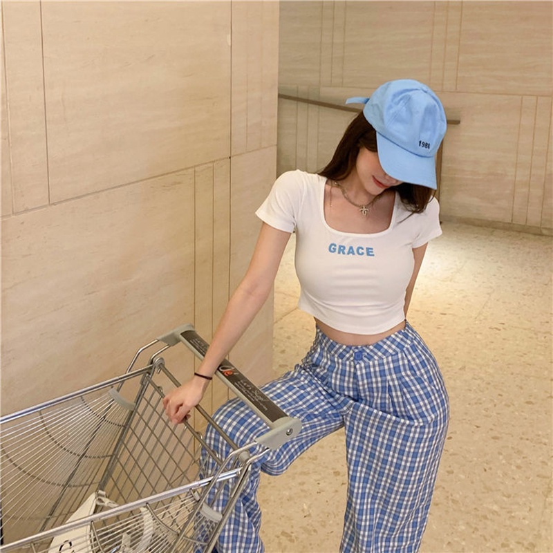 Áo thun IELGY tay ngắn cổ vuông in chữ thời trang cho nữ