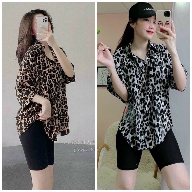 Set áo sơ mi beo tay lỡ + quần legging