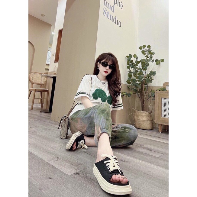 Đồ bộ thun cotton form rộng gấu bông nổi xanh lá