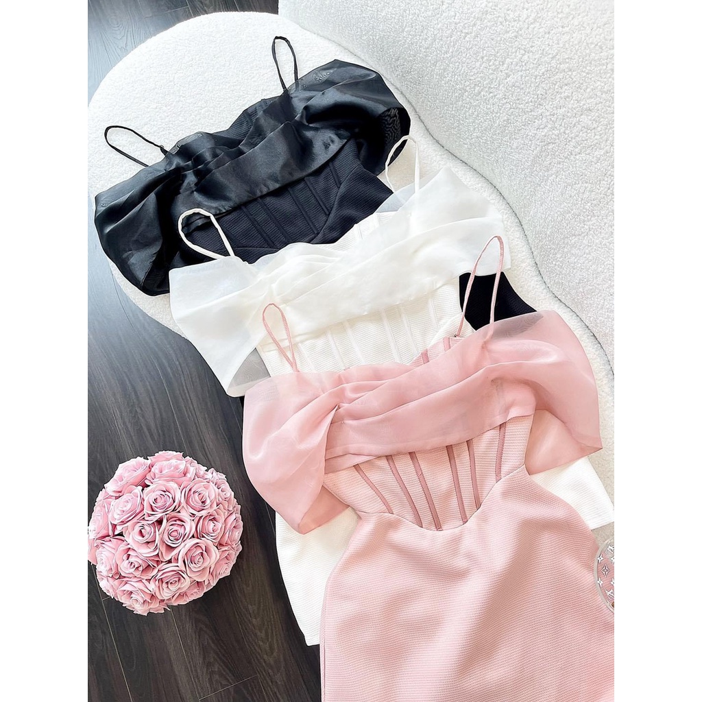 Đầm xoè trễ vai phối tơ
