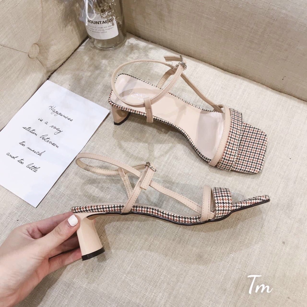 Giày sandal nữ da kẻ quai dây cài mẫu mới 7cm cực sang chảnh