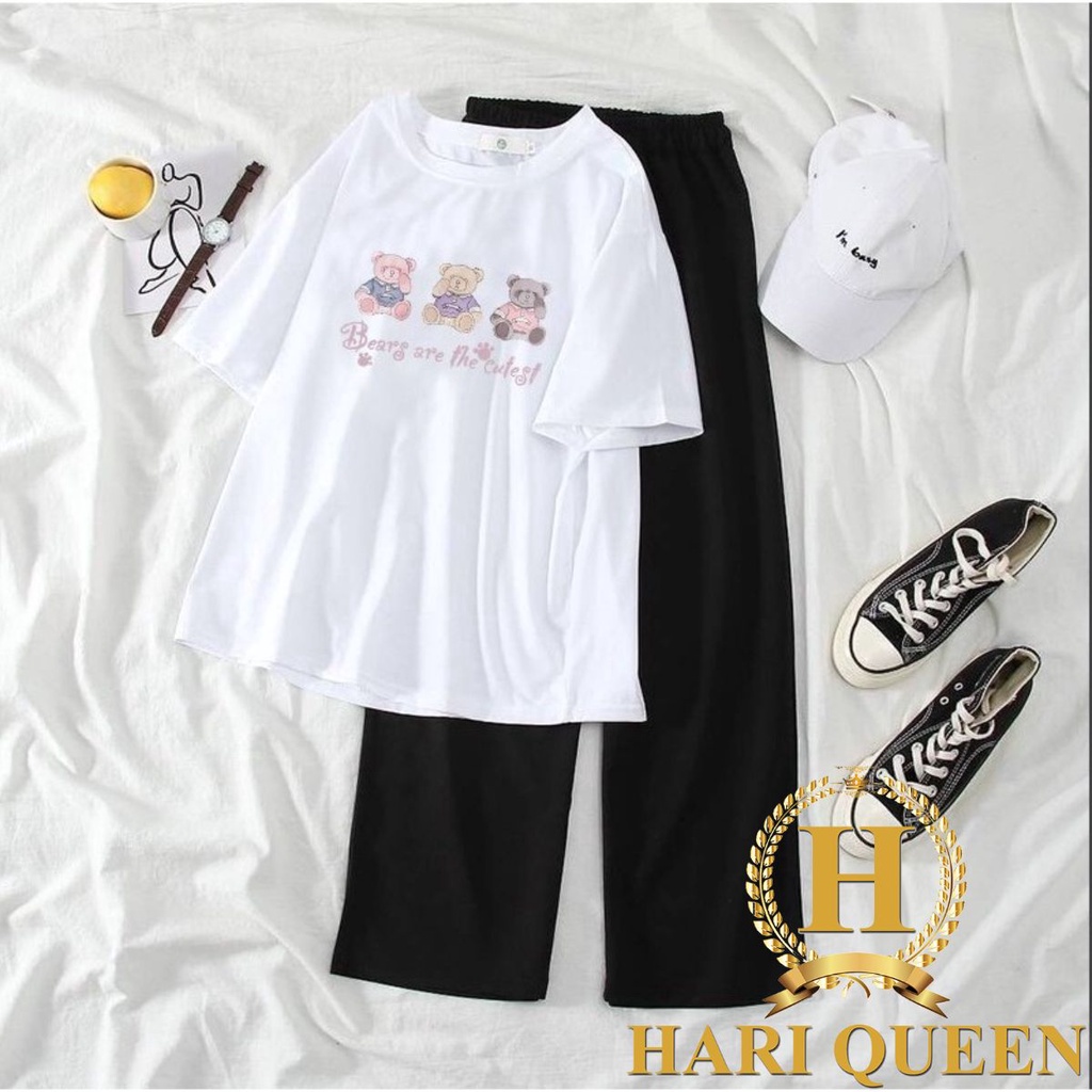 Sét áo phông 3 gấu cutest + quần ống rộng đen HARIQUEEN