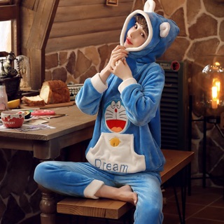 Bộ Đồ Ngủ Bông Pyjamas Tai Thỏ Doremon Doraemon