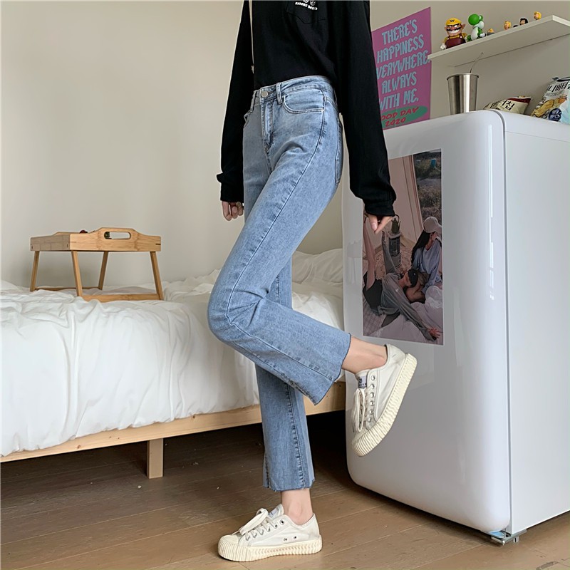  Xiaozhainv Quần jeans dài lưng cao ống loe thời trang Hàn Quốc cho nữ