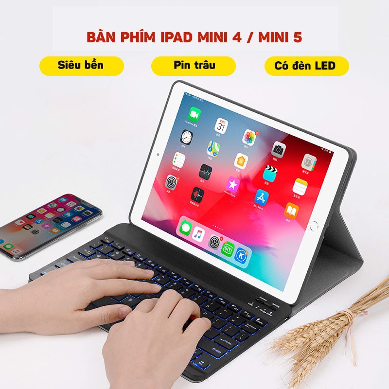 Bàn phím bluetooth kèm bao da cho iPad Mini 4/ Mini 5 có đèn led Aturos 1030D (Màu đen)