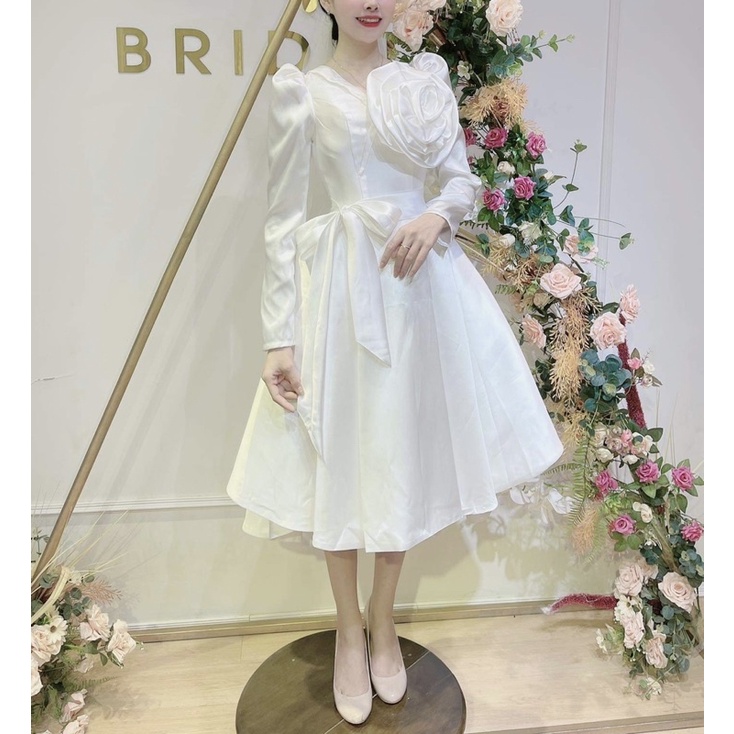 Váy cưới đi bàn cô dâu tay dài , đầm đi tiệc hoa ngực