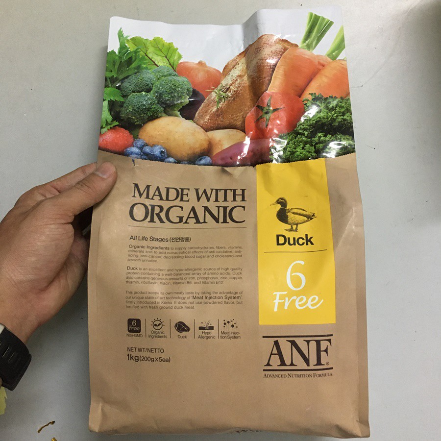 Hạt ANF cho chó lớn hơn 6 tháng tuổi 6Free Organic túi 1kg, Vị Vịt, Vị Thịt Cừu, Vị Cá Hồi