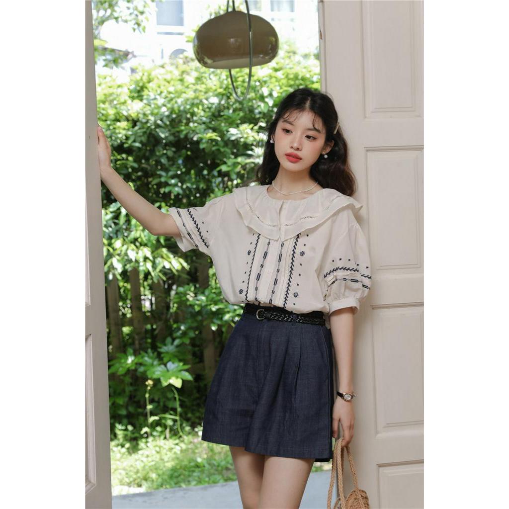 Áo Sơ Mi Ngắn Tay Họa Tiết Thêu Phong Cách Retro Mùa Hè Kiểu Mới 64213