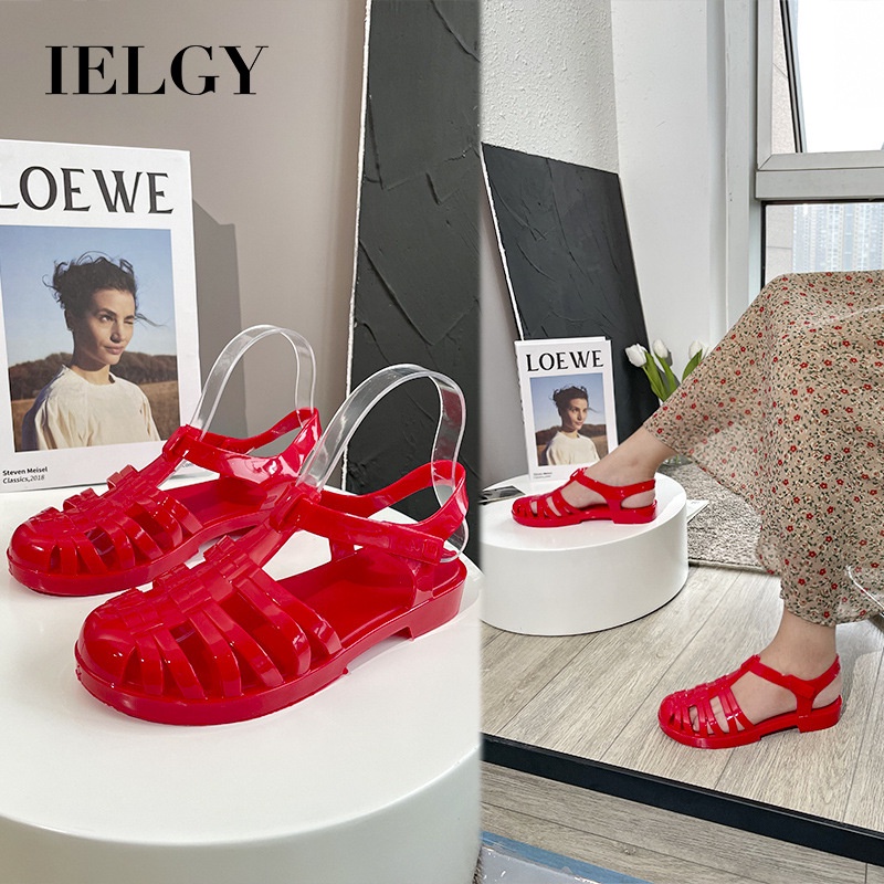 IELGY Sandal đi biển bằng nhựa trong suốt đế bằng phong cách retro